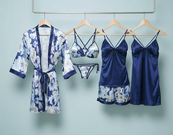 Two Hearts 6Pcs Silk Nightwear-Blue - Zara Apparel