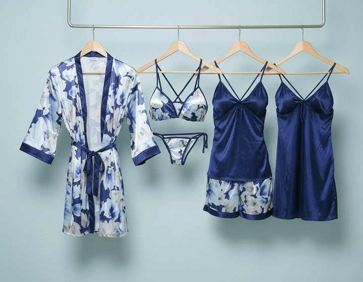 Two Hearts 6Pcs Silk Nightwear-Blue - Zara Apparel