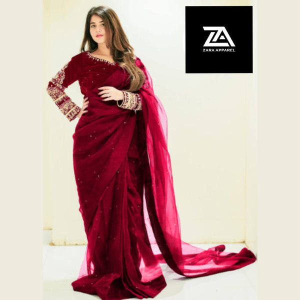 Embroidered Pearl Chiffon Saree with Multi Sleeves