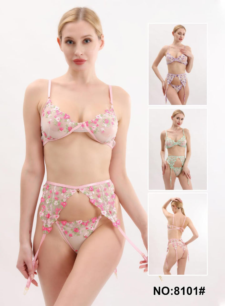 Floral Embroidered Sheer Lingerie Set with Garter Belt – Style 8101 - Zara Apparel