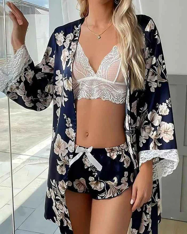 Floral Satin Lace Lingerie Trio – Robe, Bralette & Shorts | Spring Bloom | A-B#7020