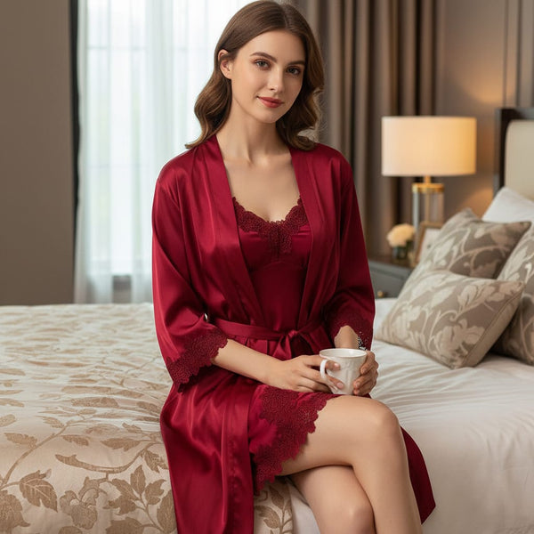 Moonlit Romance | Luxury 2PC Lace Nightwear – Nightgown & Robe Set for Women