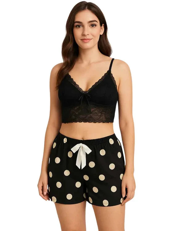 Black Ladies Nighty Set with Shorts – Front View, Comfortable Sleepwear
