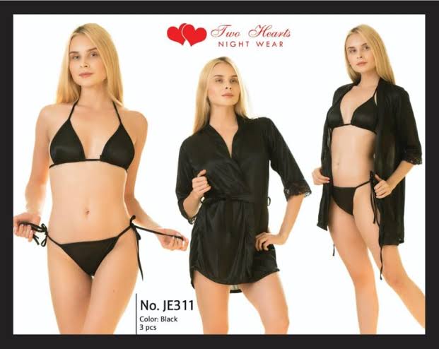 Black 3 piece silk nightwear set with gown and bikini for women in Pakistan
