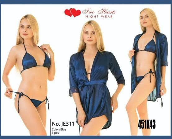 Blue silk nightwear 3pcs set with bikini and lace gown for women in Pakistan