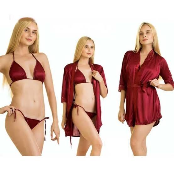 Maroon bridal silk nightwear set – 3 piece gown with bikini for brides in Pakistan