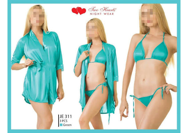 Two Hearts 3-Piece Romantic Silk Bridal Nightwear Set with Short Lace Gown – For Women & Girls