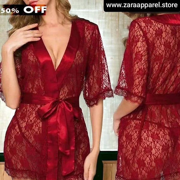 "Luxury red lace 3-piece nightwear set for women with matching robe – front and back"