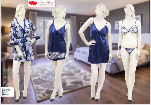 Two Hearts 6Pcs Silk Nightwear-Blue